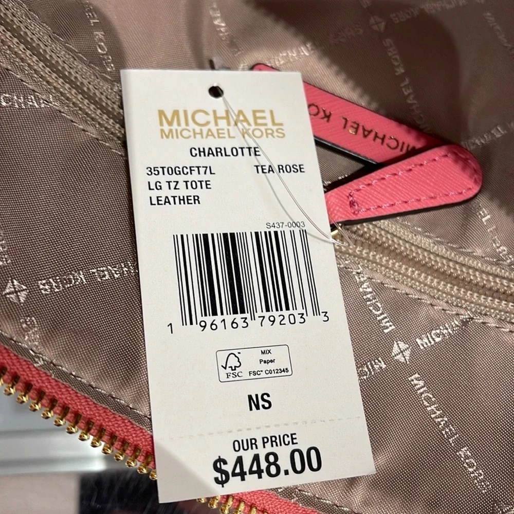 MICHAEL KORS Charlotte Large Leather Top-Zip Tote Tea Rose